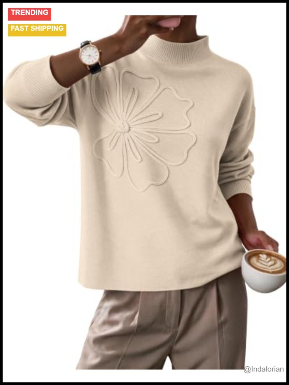 Women's Floral Knit Sweater Pullover Mock Neck Cozy Fall Winter Top